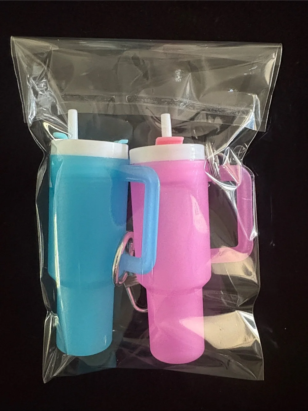 Pink and Blue Glow In The Dark Mini Tumbler Keychain Bag Charm Set